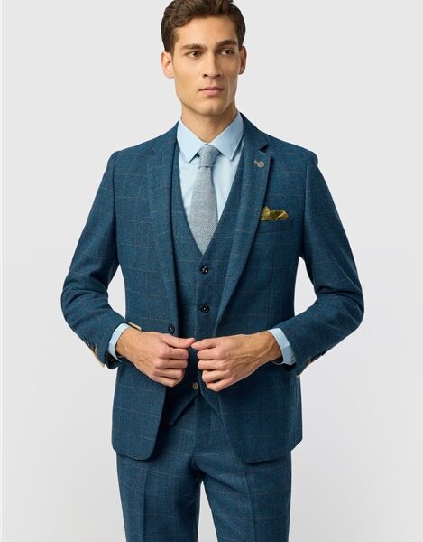 Marc Darcy Slim Fit Dion Blue Tweed Herringbone Check Men's Suit Jacket