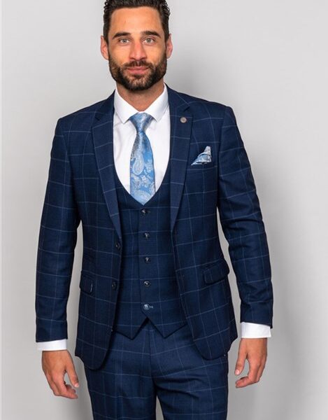 Marc Darcy Edinson Navy Blue Sky Check Men's Slim Fit Suit Jacket