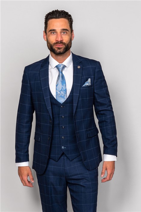 Marc Darcy Edinson Navy Blue Sky Check Men's Slim Fit Suit Jacket