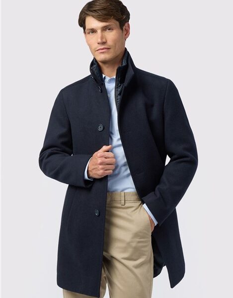 Melka Slim Fit Navy Blue Funnel Neck Overcoat With Padded Insert