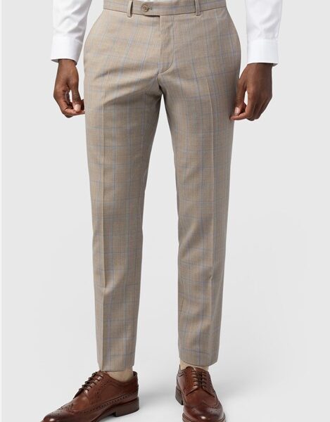 Alexandre Tailored Fit Italian Oatmeal Blue Check Men's Trousers, Beige