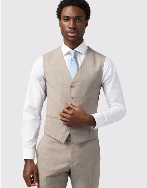 Alexandre Slim Fit Italian Oatmeal Blue Check Waistcoat