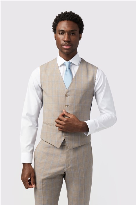 Alexandre Slim Fit Italian Oatmeal Blue Check Waistcoat