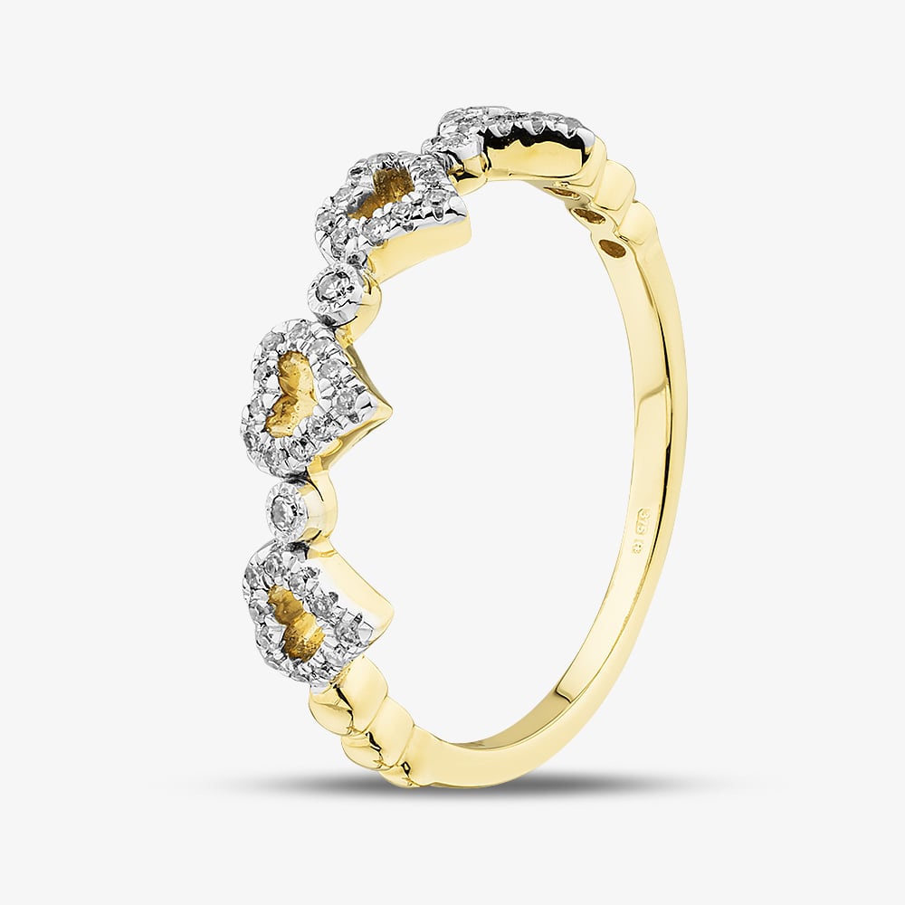Pure Brilliance 9ct Yellow Gold 0.10ct Brilliant Cut Pave Set Diamond Multi Heart Ring THR29464-10 P