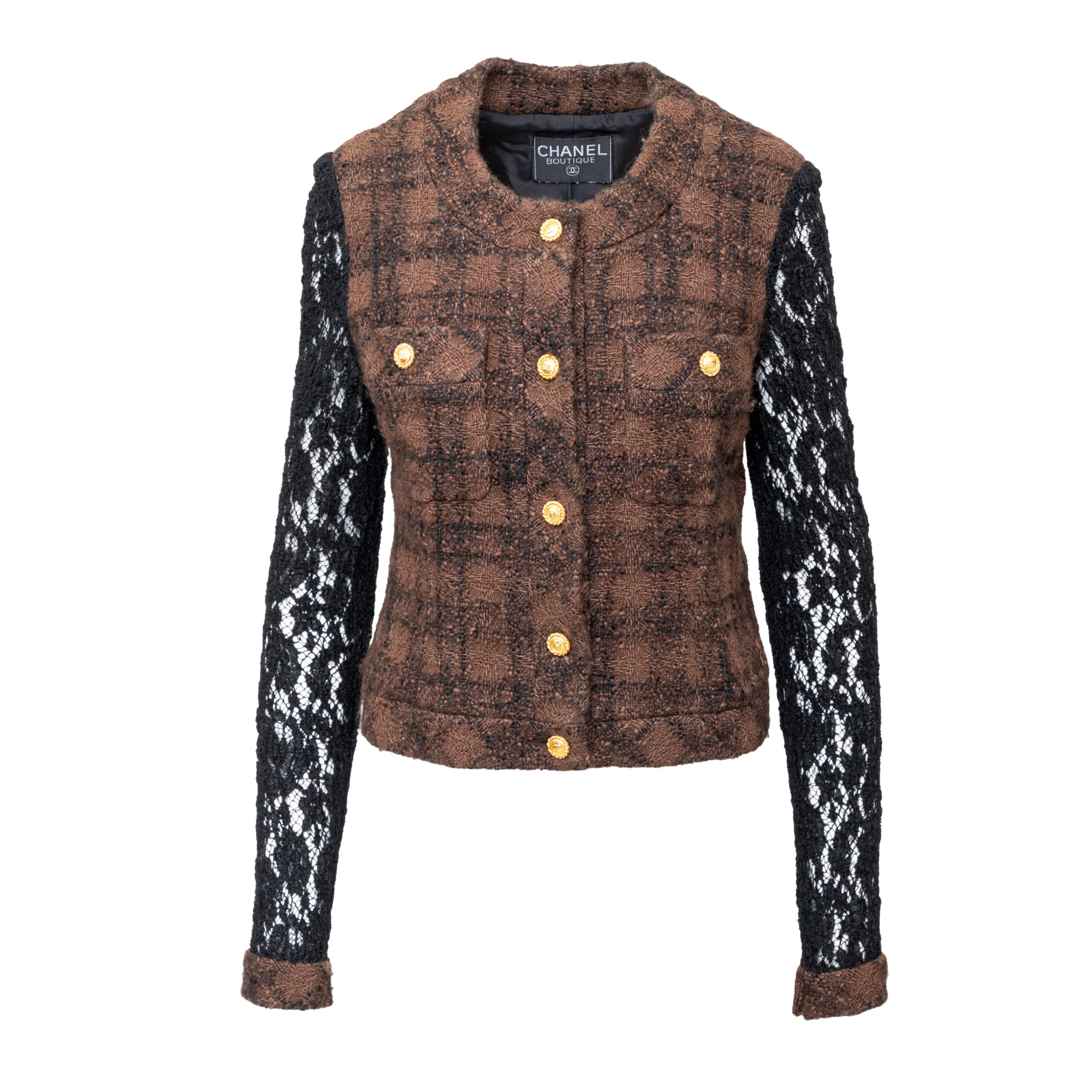 Chanel Pre-owned Womens Tweed and Lace Jacket - '90s - Brown Wool - Size Medium