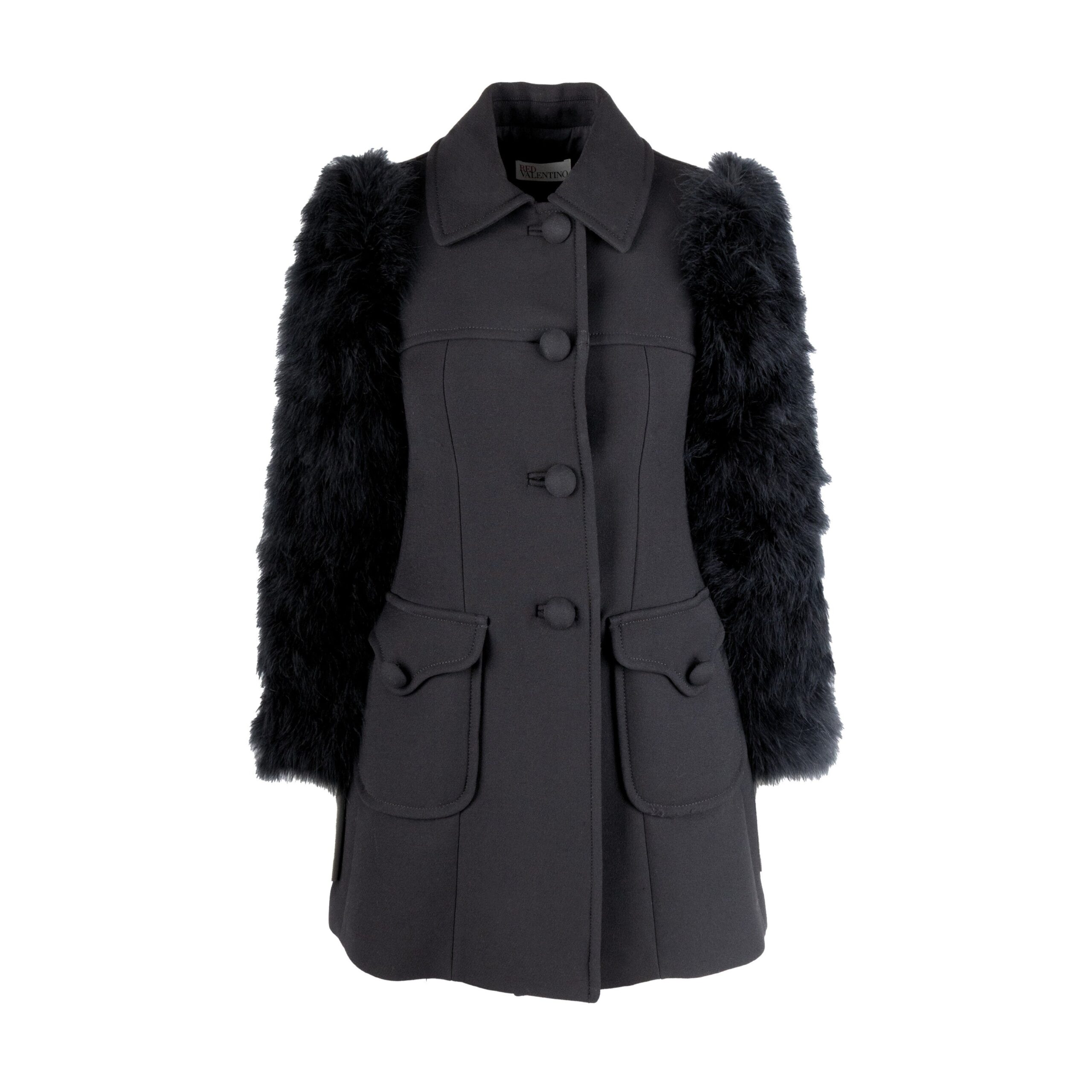 Valentino Pre-owned Womens Red Wool Coat with Animal Feather Sleeves - '10s - Black - Size EU 38 (Womens)