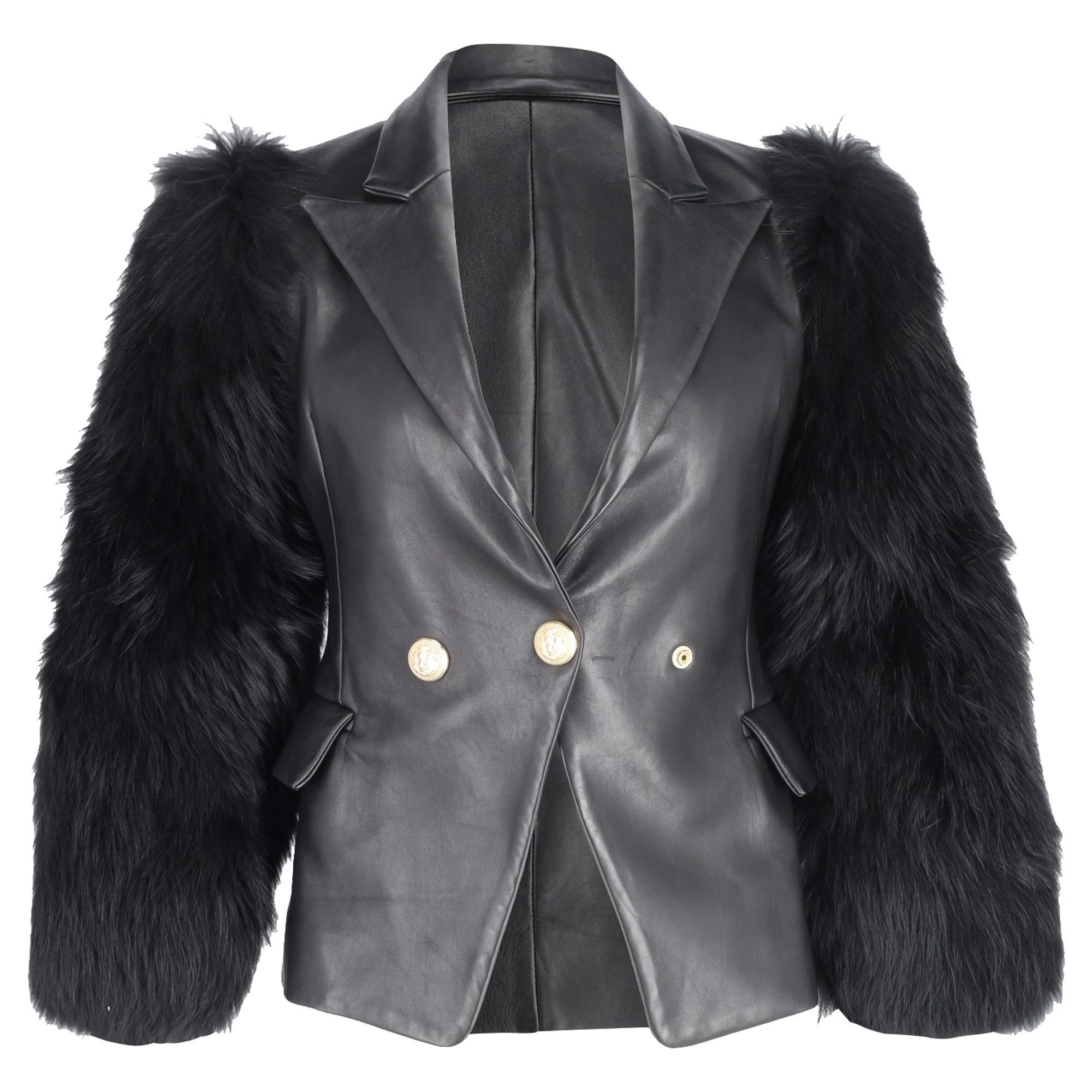 Balmain Pre-owned Womens Single Breasted Fur Sleeve Blazer in Black Leather - Size X-Small