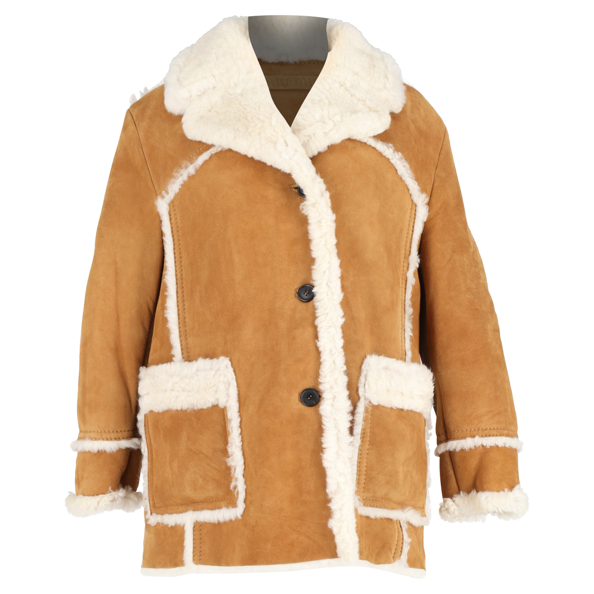 Miu Miu Pre-owned Womens Miu Miu Shearling Single-Breasted Jacket with Pockets in Brown Suede - Size EU 38 (Womens)