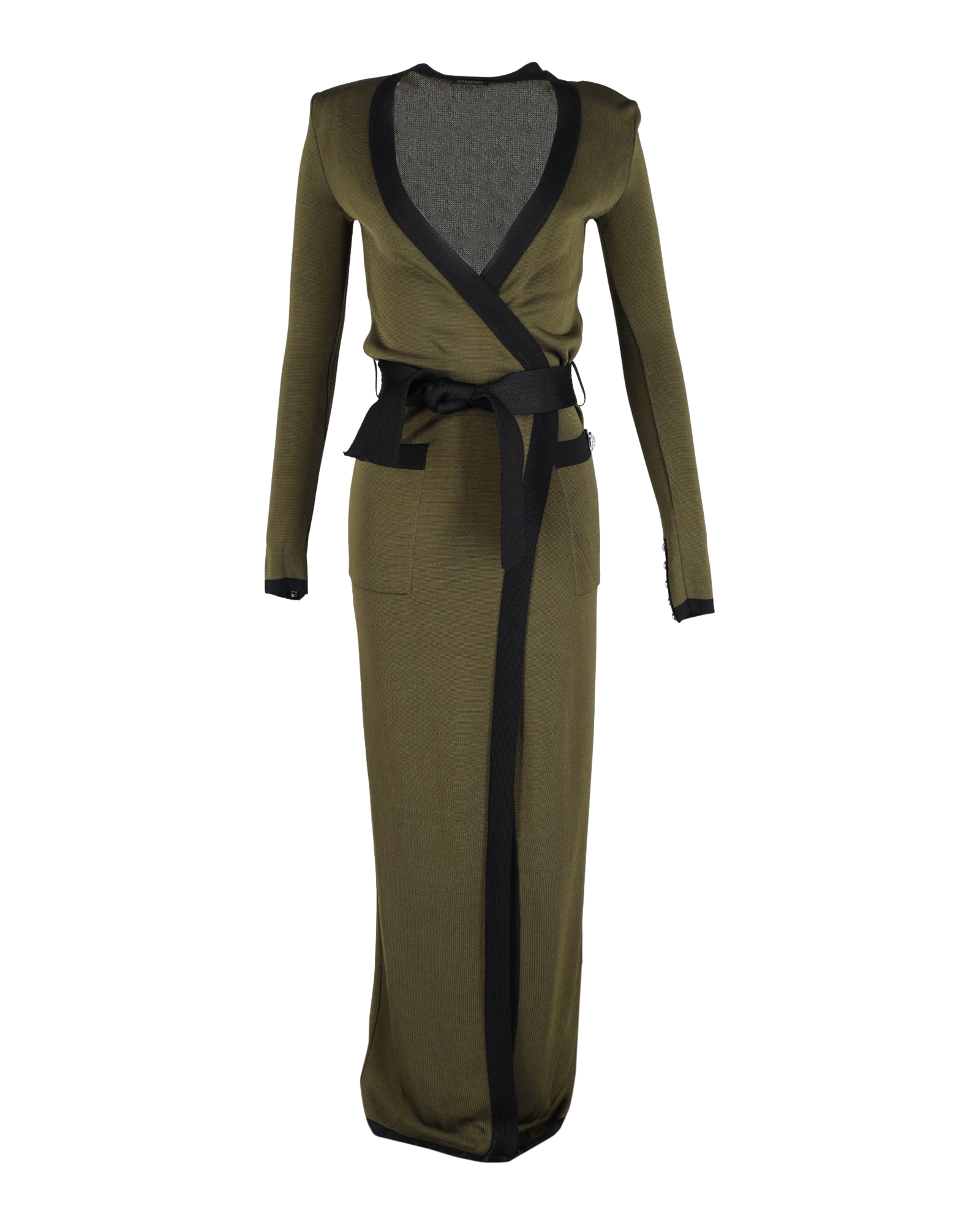 Balmain Pre-owned Womens Open-Front Belted Maxi Cardigan in Green Wool - Size Small