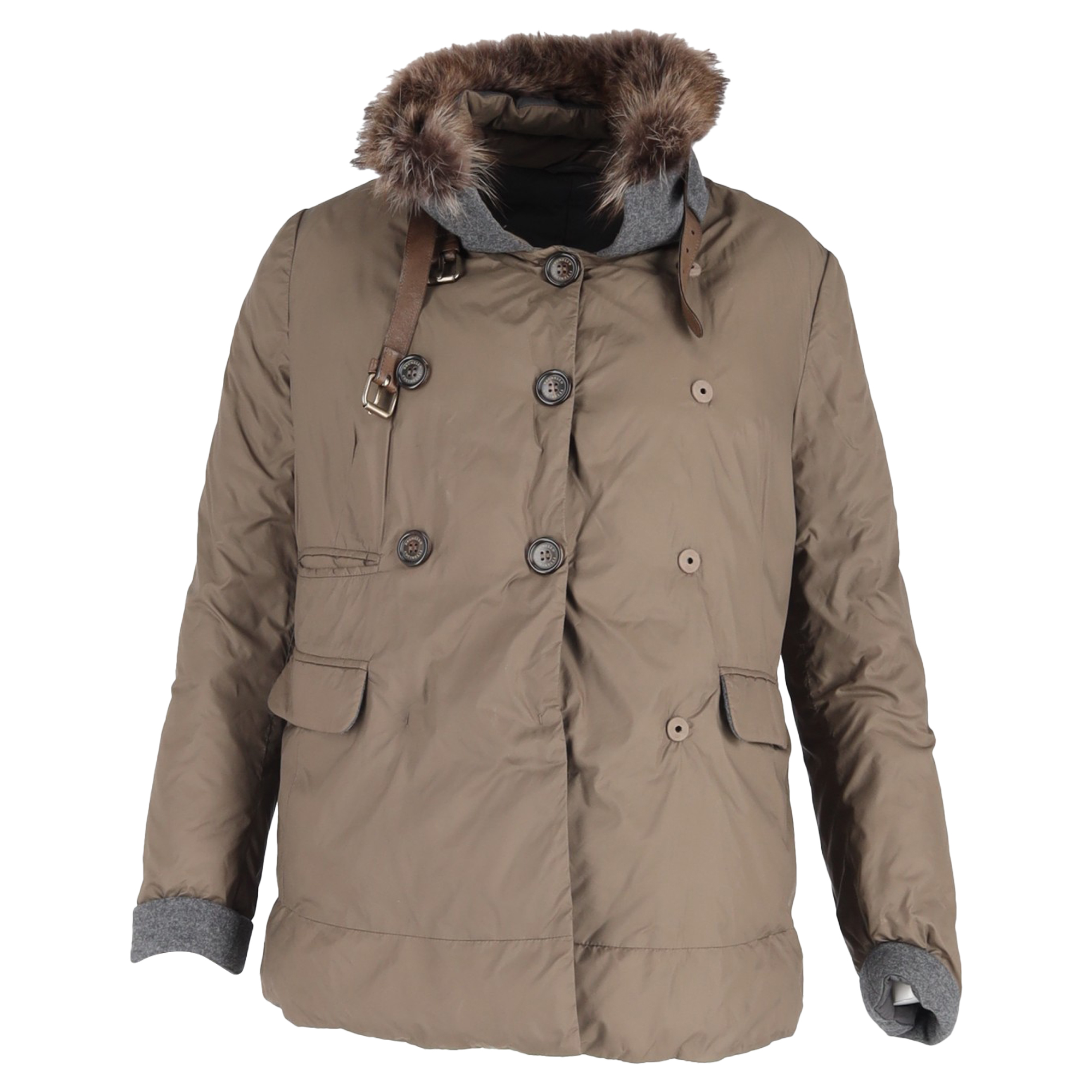 Brunello Cucinelli Pre-owned Womens Fur Trim Double-Breasted Down Jacket in Brown Polyamide - Size Medium