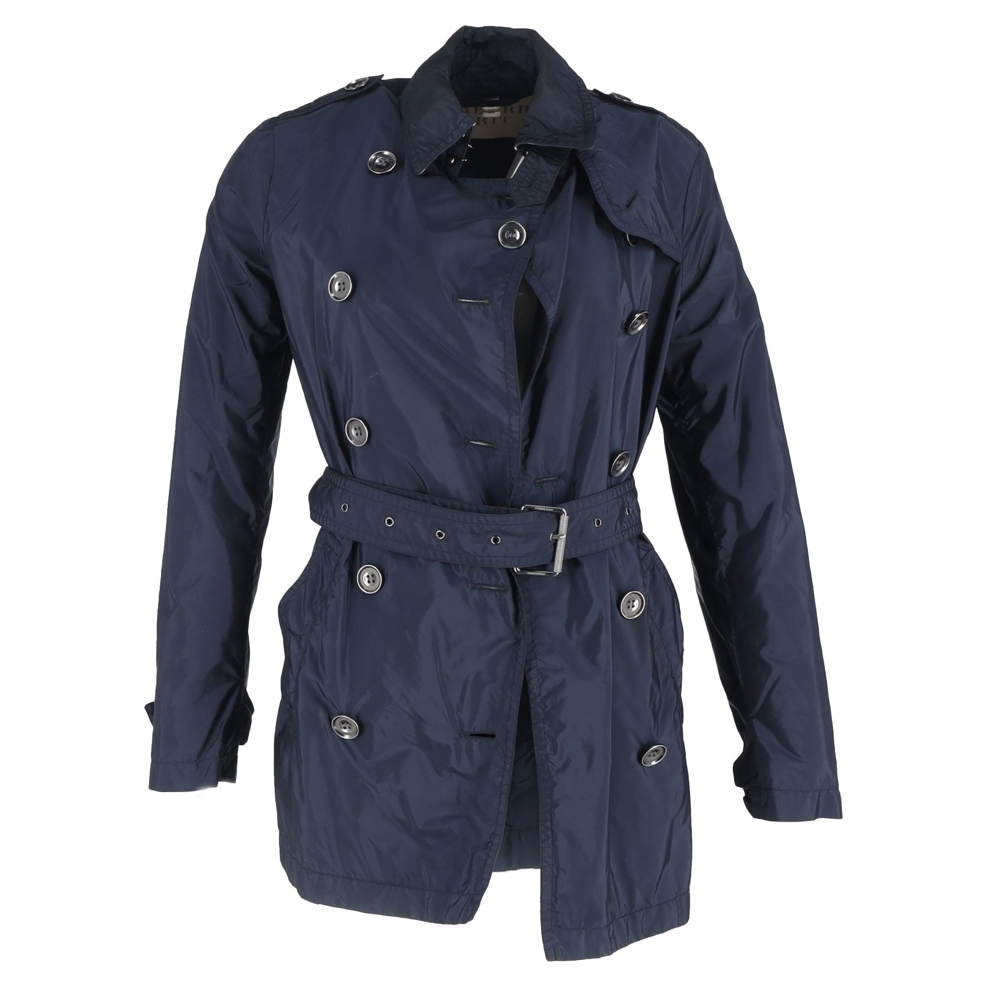 Burberry Pre-owned Womens Double-Breasted Belted Peacoat in Navy Blue Nylon - Size 8 UK
