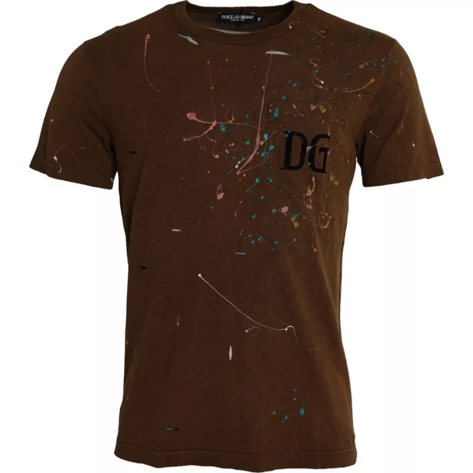 Dolce & Gabbana Mens Paint Splatter Tshirt Tsh86401 - Brown Cotton - Size EU 48 (Mens)