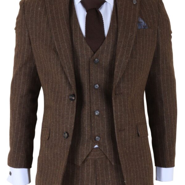 TruClothing Mens Brown Pinstripe 3 Piece Slim Fit Formal Dinner Suit Wool - Size 34" (Chest) 28" (Waist)