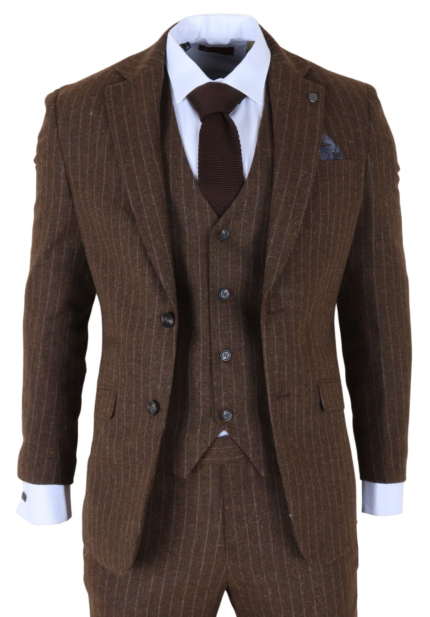 TruClothing Mens Brown Pinstripe 3 Piece Slim Fit Formal Dinner Suit Wool - Size 34" (Chest) 28" (Waist)