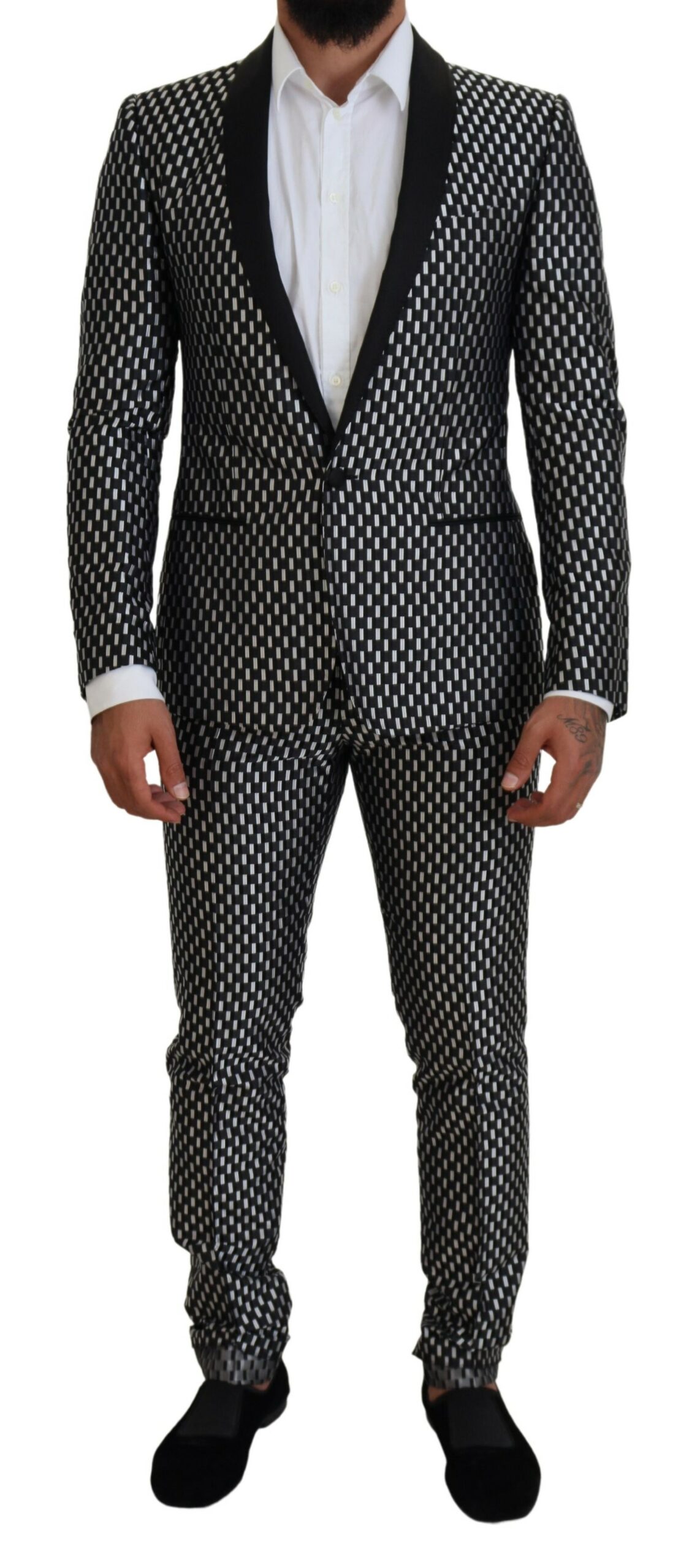 Dolce & Gabbana Mens Geometric Pattern Slimfit Suit - Black Silk - Size EU 44 (Mens)