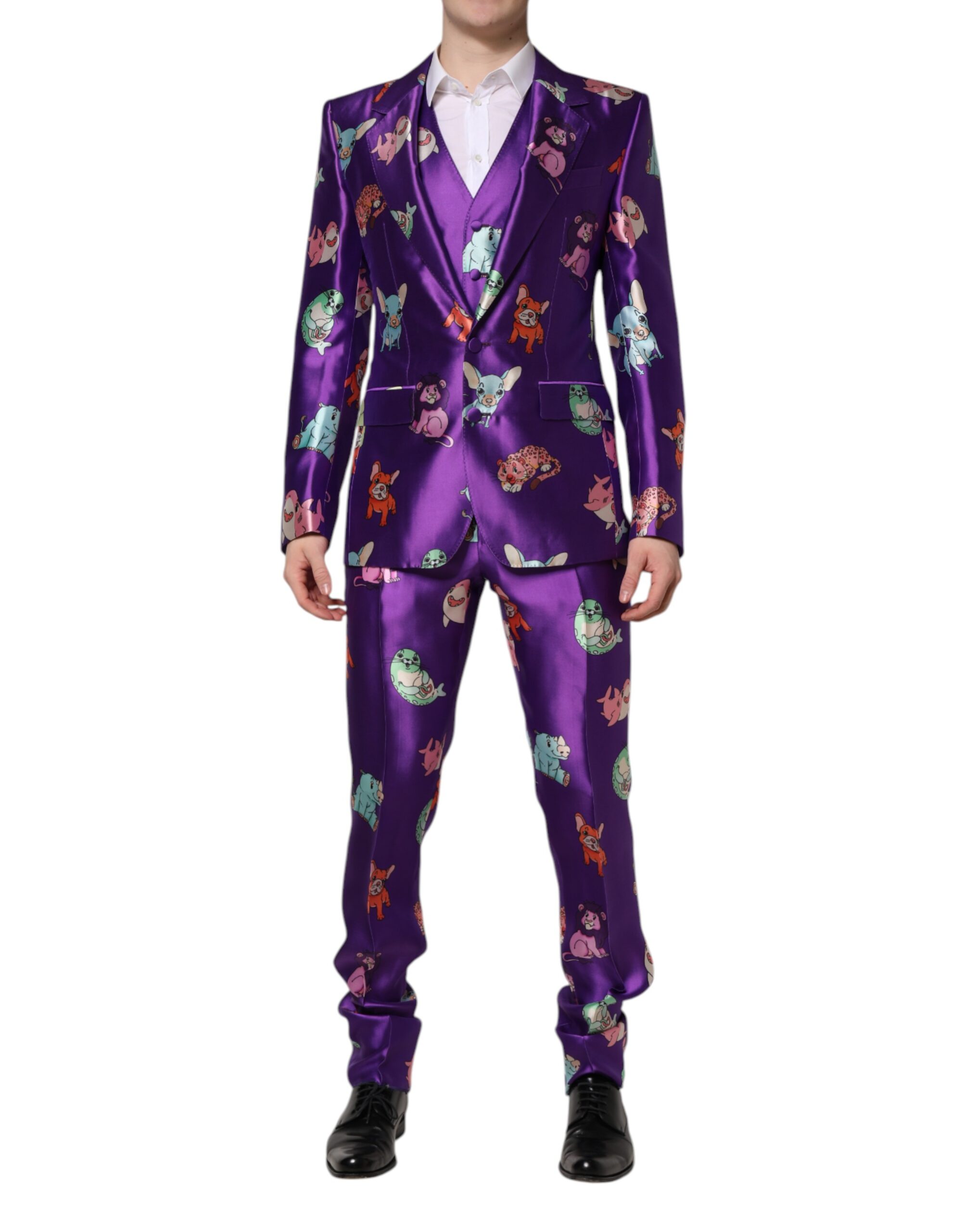 Dolce & Gabbana Mens Cartoon Animal Print Suit - Purple Silk - Size EU 48 (Mens)