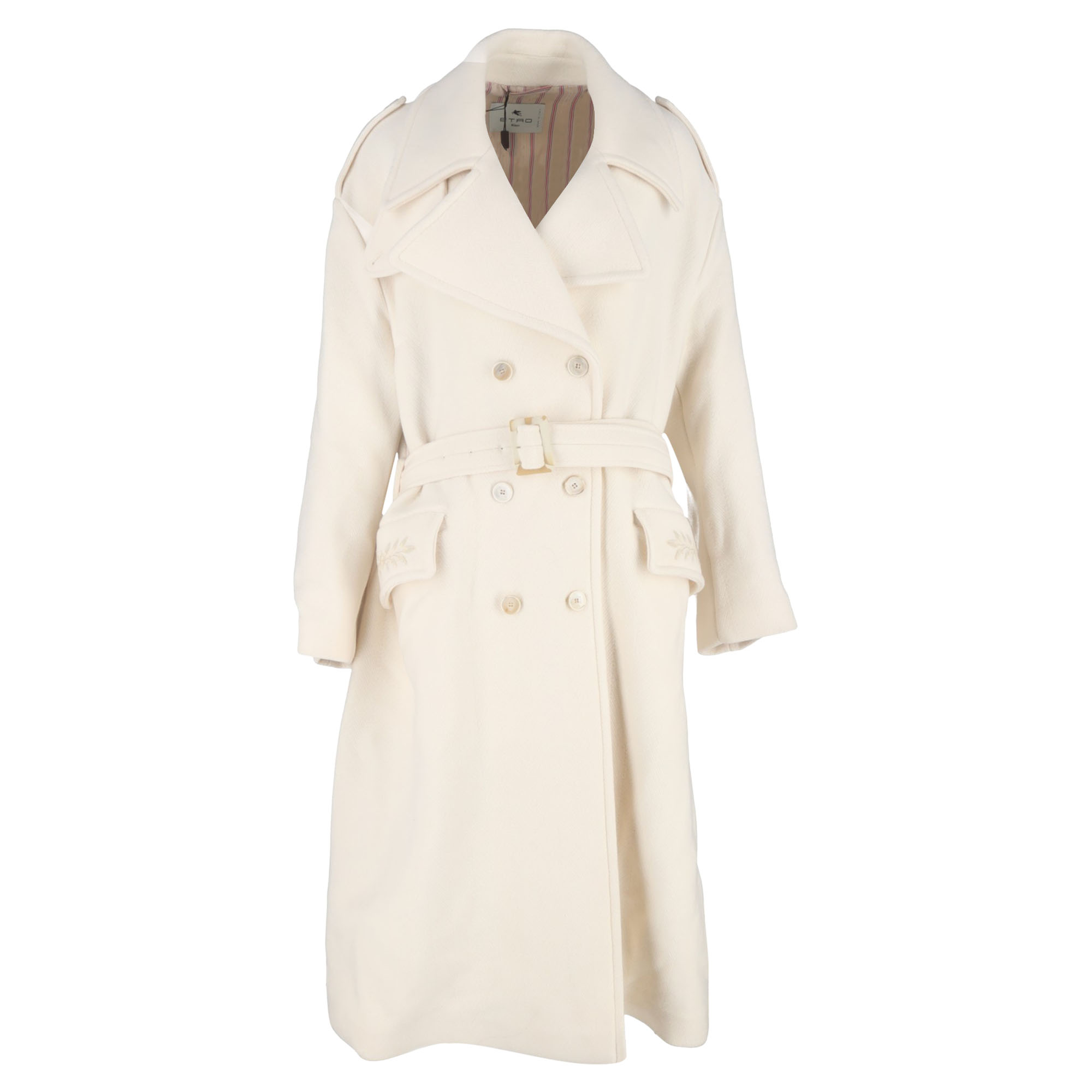 Etro Pre-owned Womens Oversized Double-Breasted Belted Coat with Pockets in White Wool - Ecru - Size EU 46 (Womens)