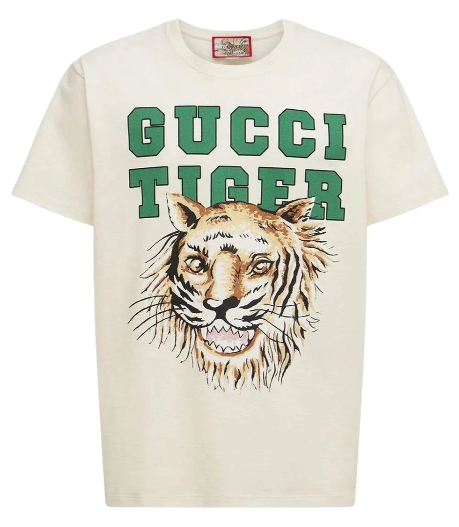 Gucci Mens Tiger Print Logo T-Shirt in White Cotton - Size Small