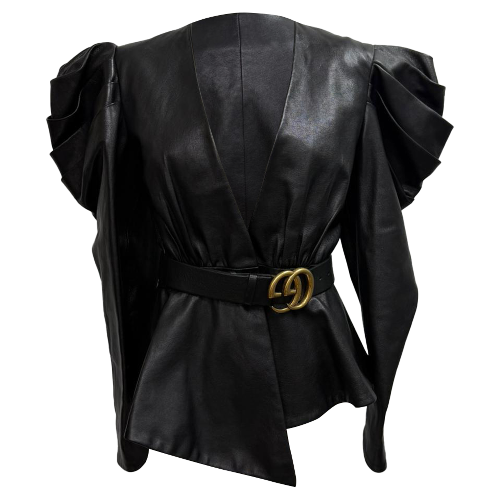 Gucci Pre-owned Womens V-Neck Belted Leg-of-Mutton Sleeve Jacket in Black Leather - Size EU 40 (Womens)