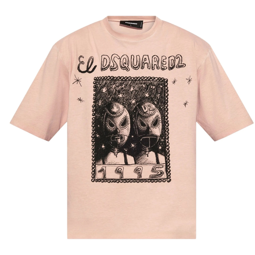 Dsquared2 Mens Overlay Graphic Loose Fit T-shirt Dusty Antic Rose - Pink Cotton - Size 2XL
