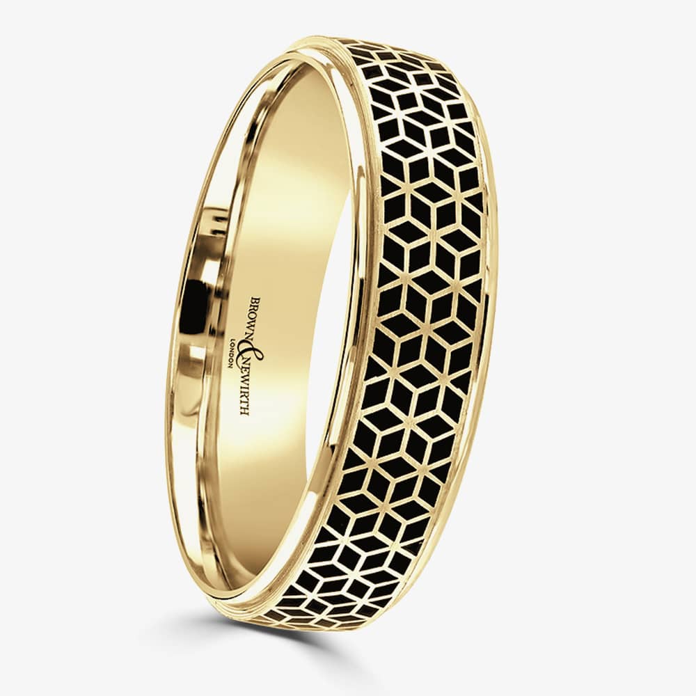 Brown & Newirth Geo 18ct Yellow Gold Black Ceramic Patterned 5mm Ring C6ZNP50 5.0 18Y S