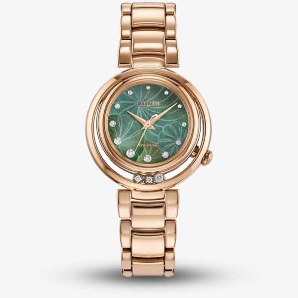 Citizen L Arcly Eco Drive Rose Gold Plated Diamond Floral Green Watch  EM1113-58Y