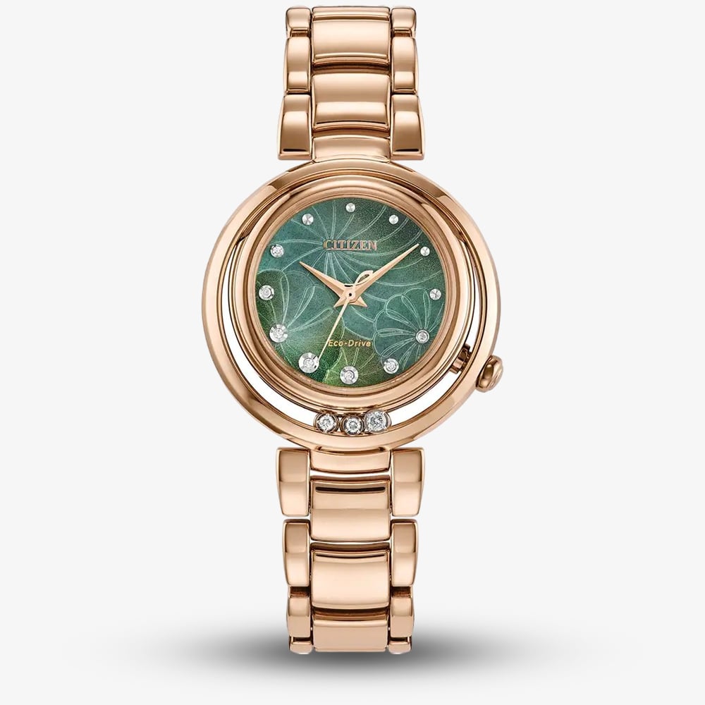 Citizen L Arcly Eco Drive Rose Gold Plated Diamond Floral Green Watch EM1113-58Y