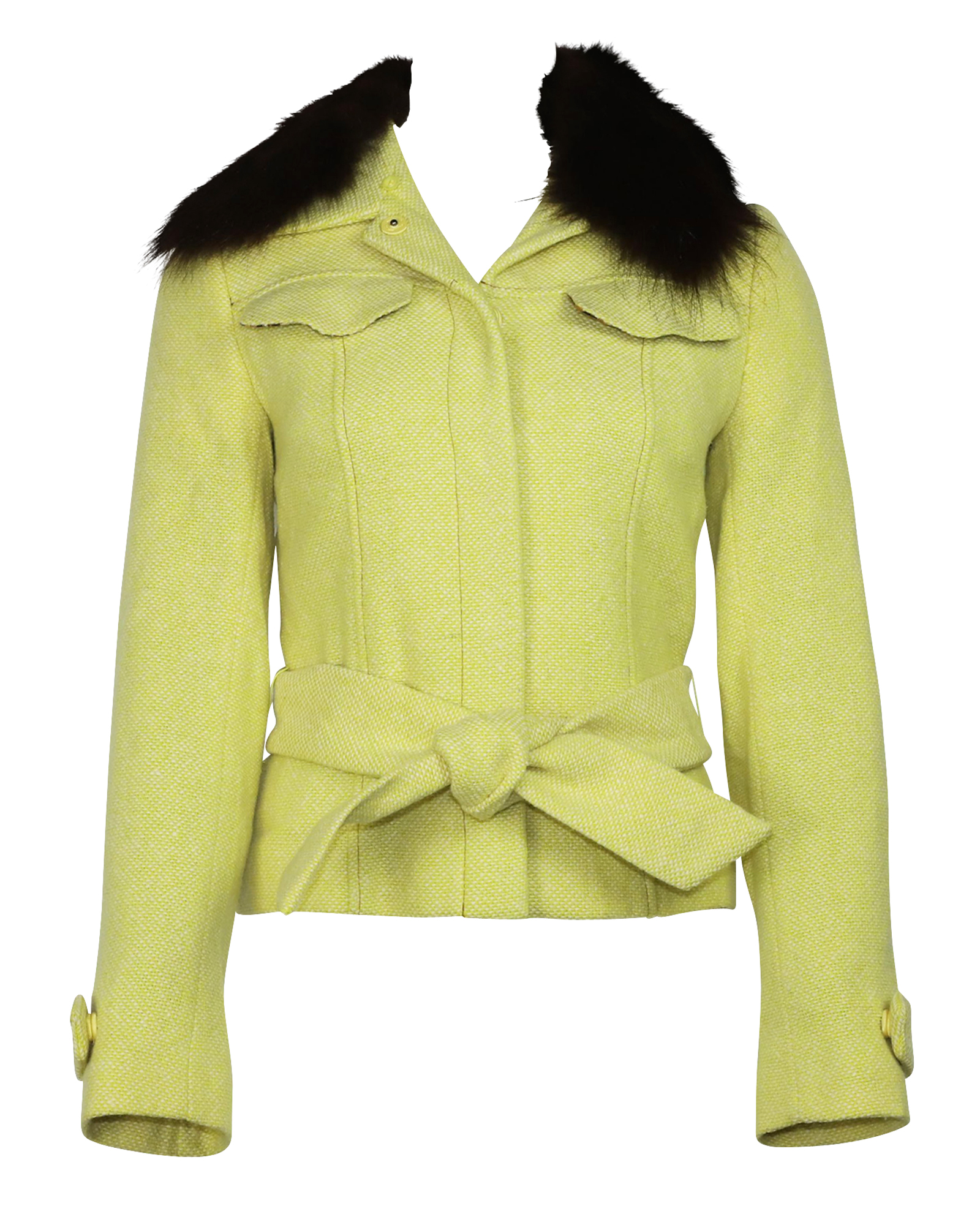 Dolce & Gabbana Pre-owned Womens & Tweed Belted Jacket with Detachable Fur in Yellow Wool - Size Small