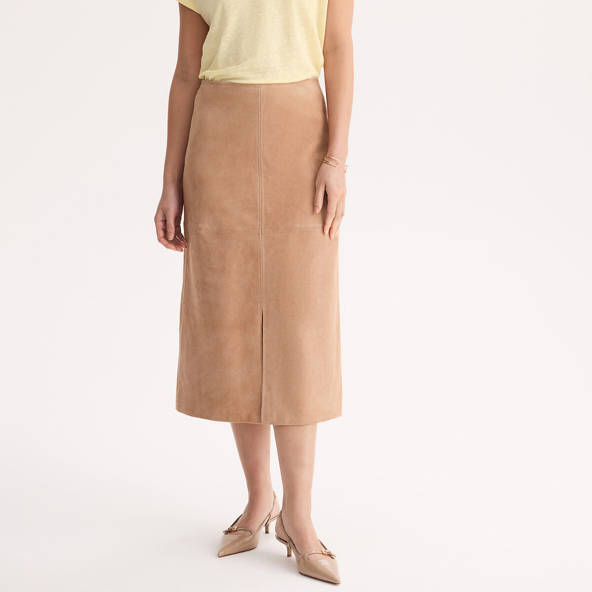 Goatskin Suede Straight Midi Skirt