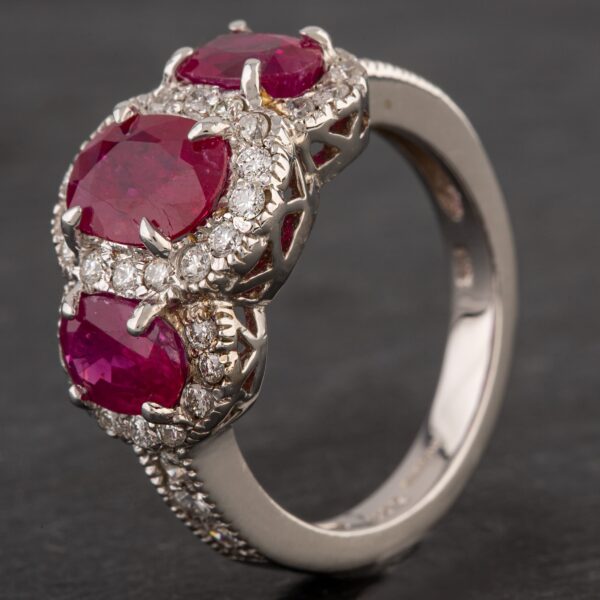 Pre-Owned 14ct White Gold 3.30ct Ruby & 0.50ct Diamond Triple Cluster Ring 4335064