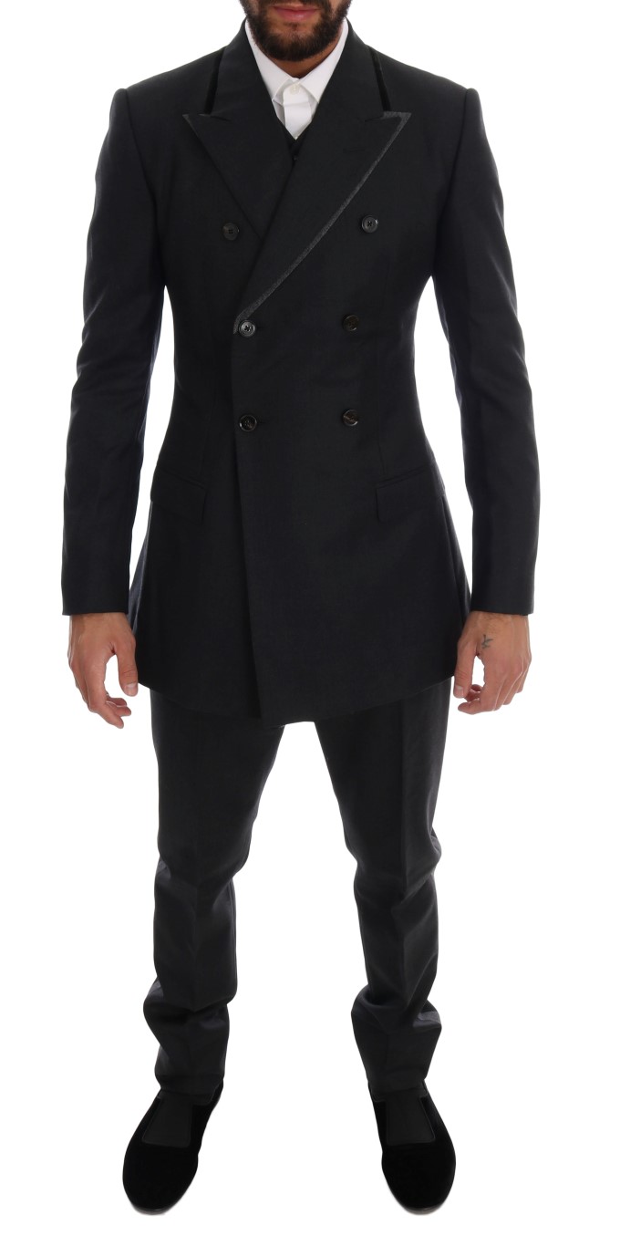 Dolce & Gabbana Mens Gray Wool Double Breasted 3 Piece Suit - Black Cotton - Size X-Small