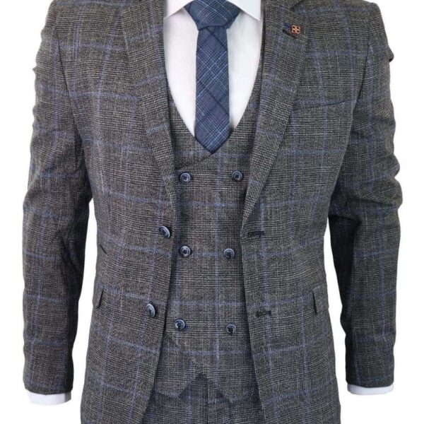 Infinity Leather Mens 3 Piece Grey With Blue Check Tweed Vintage Classic Suit - Size 46 (Chest)