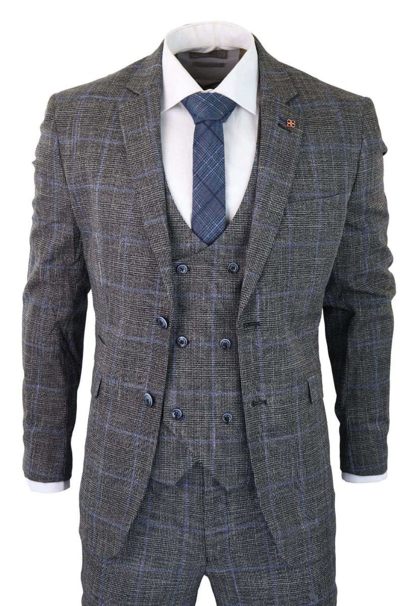 Infinity Leather Mens 3 Piece Grey With Blue Check Tweed Vintage Classic Suit - Size 46 (Chest)