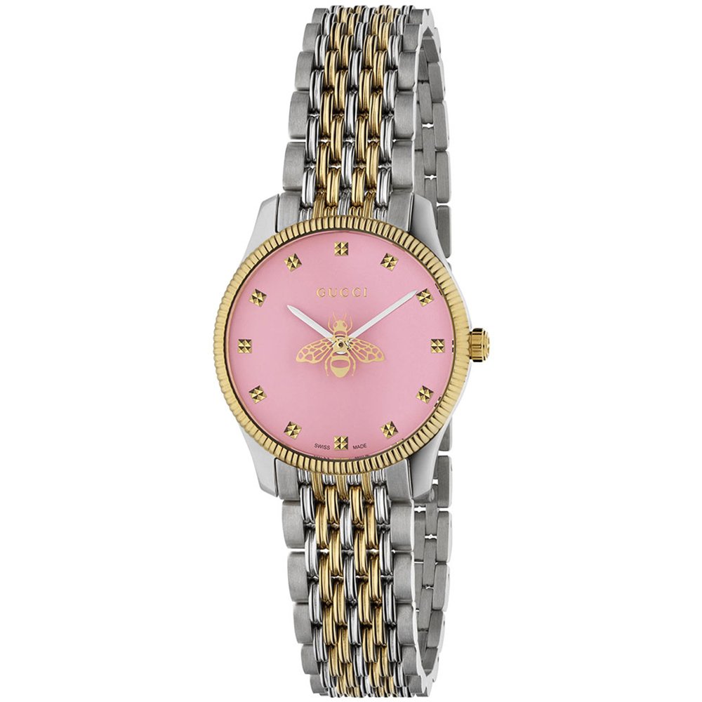Gucci Womens YA1265030 G-Timeless 29mm Ladies Pink Dial Bee Motif Watch - Silver & Gold Stainless Steel - One Size