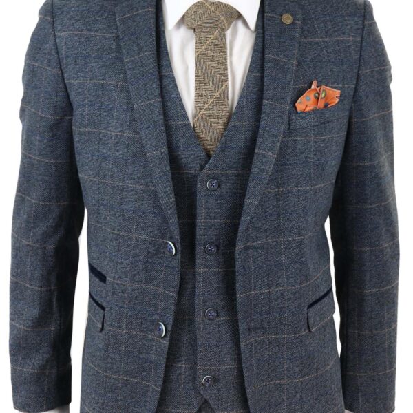 Infinity Leather Mens 3 Piece Blue Tweed Check Vintage Suit - Size 34 (Chest)