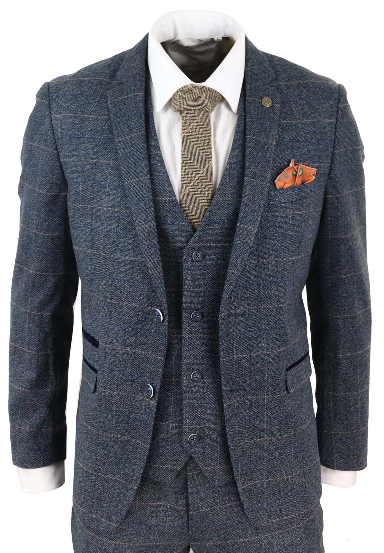 Infinity Leather Mens 3 Piece Blue Tweed Check Vintage Suit - Size 34 (Chest)