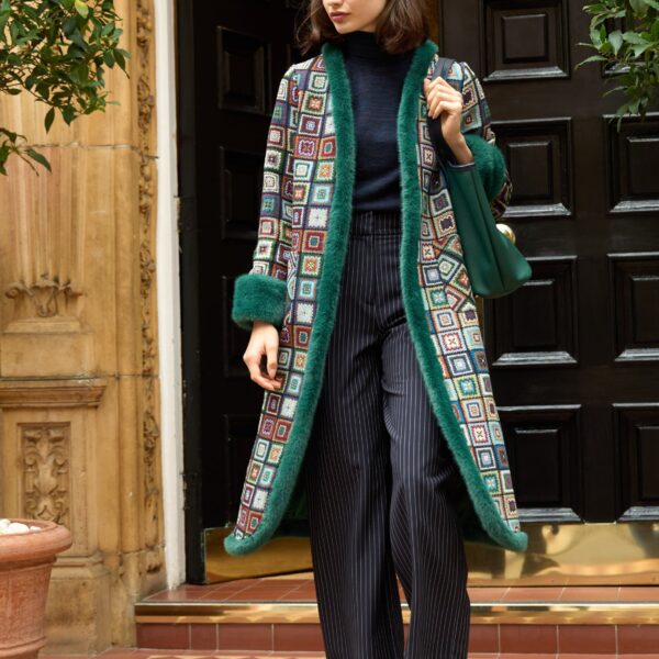 Delphia 70'S Patch Jacquard Fur Trim Coat – Multicoloured