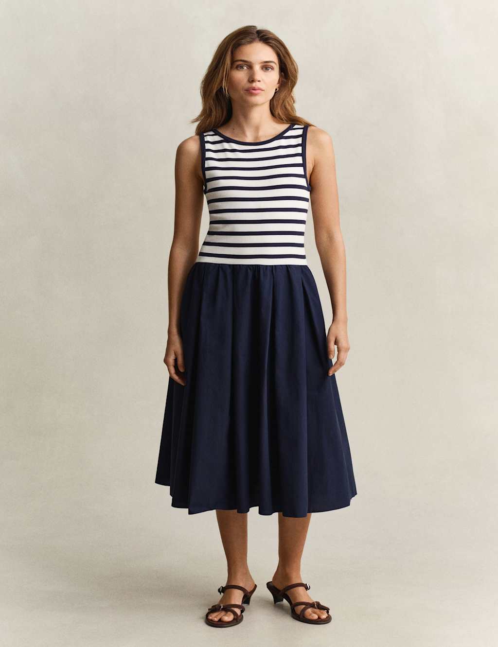 GANT Cotton Modal Striped Crew Neck Skater Dress Navy