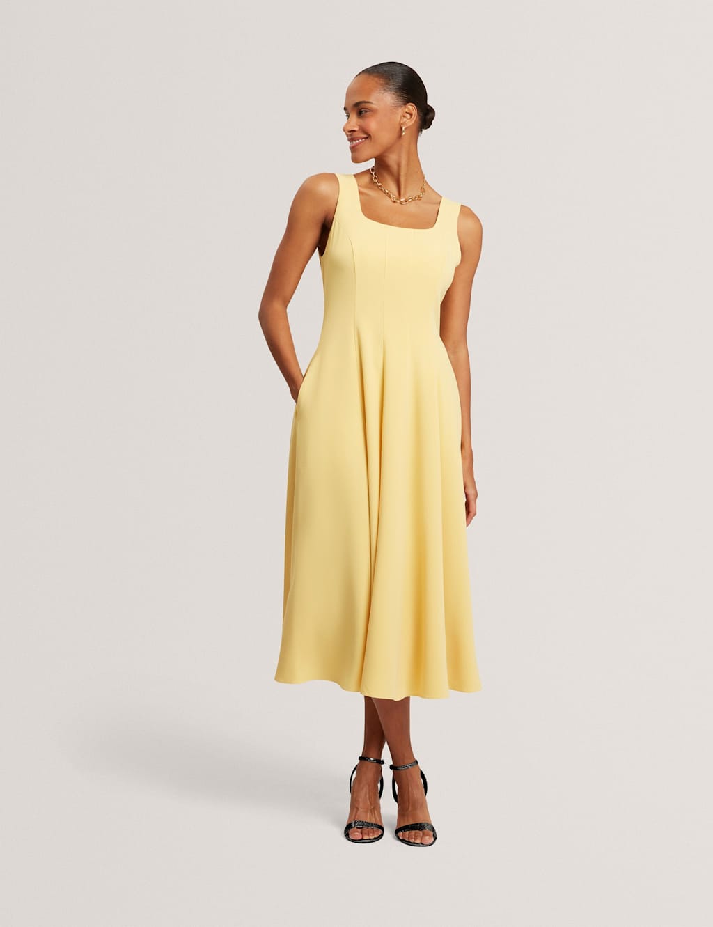 Ted Baker Square Neck Pleated Midi Skater Dress Yellow