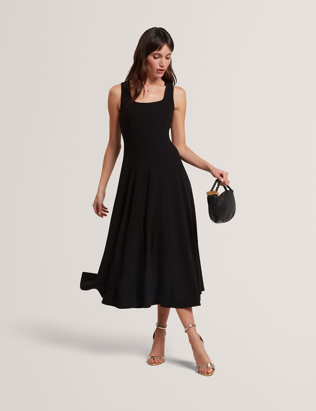 Ted Baker Square Neck Pleated Midi Skater Dress Black