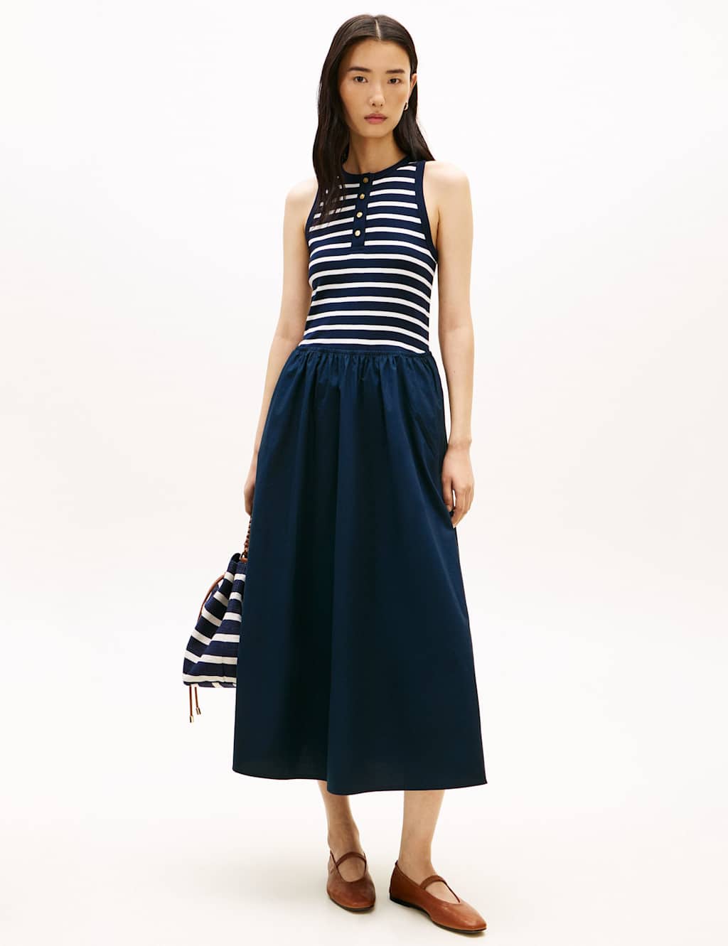 Tommy Hilfiger Pure Cotton Striped Midi Skater Dress Navy Mix