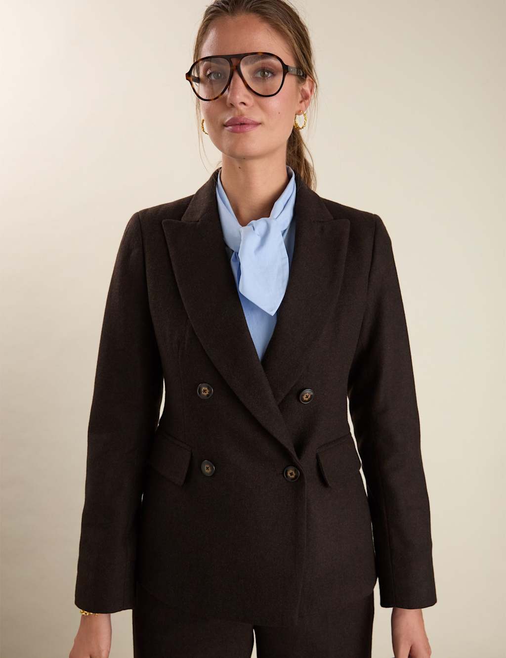 BAUKJEN Wool Rich Tailored Double Breasted Blazer Dark Brown