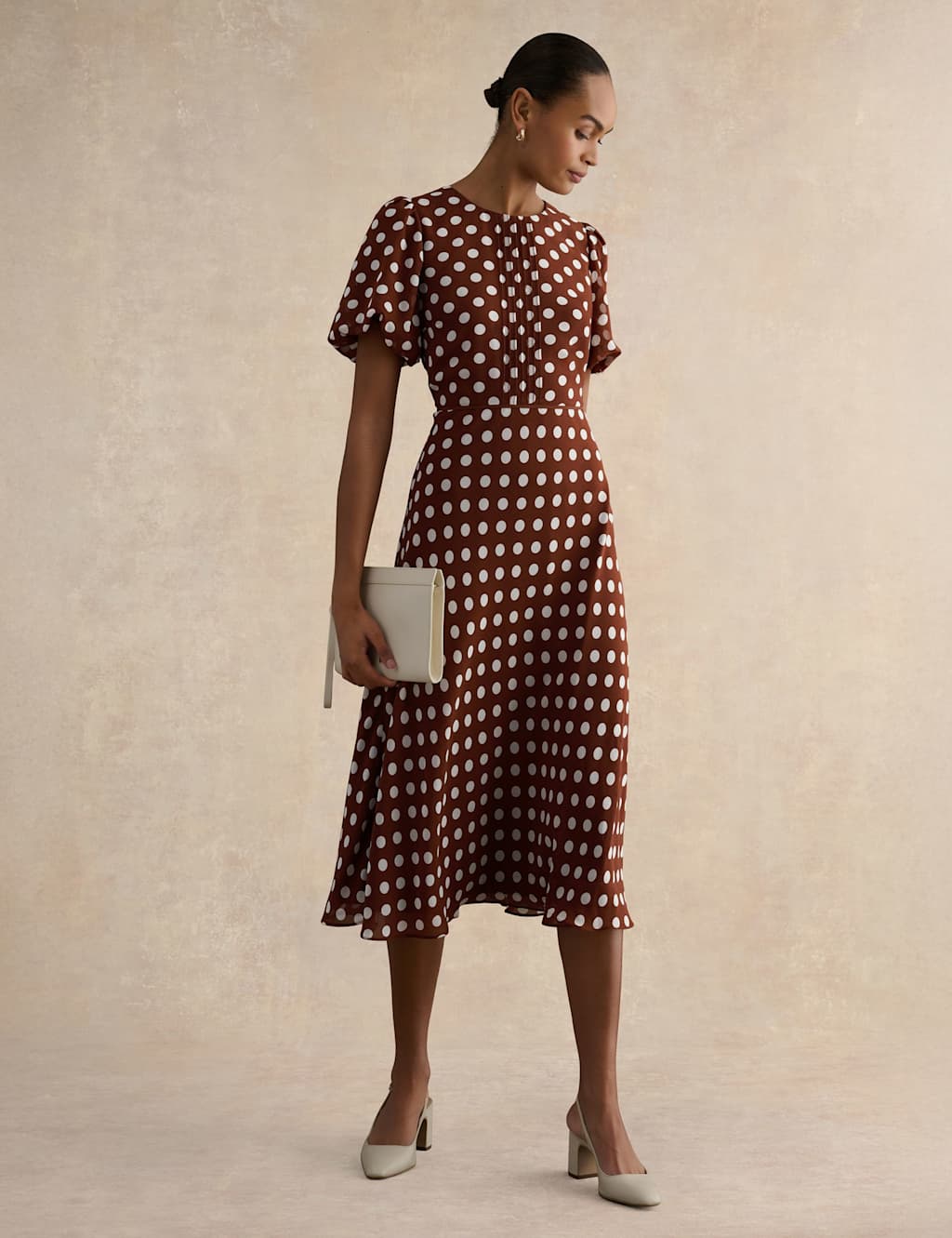HOBBS Polka Dot Puff Sleeve Midi Skater Dress Brown Mix