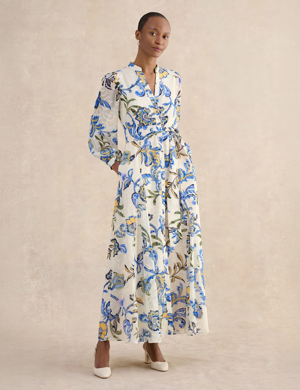 HOBBS Paisley V-Neck Maxi Skater Dress Cream