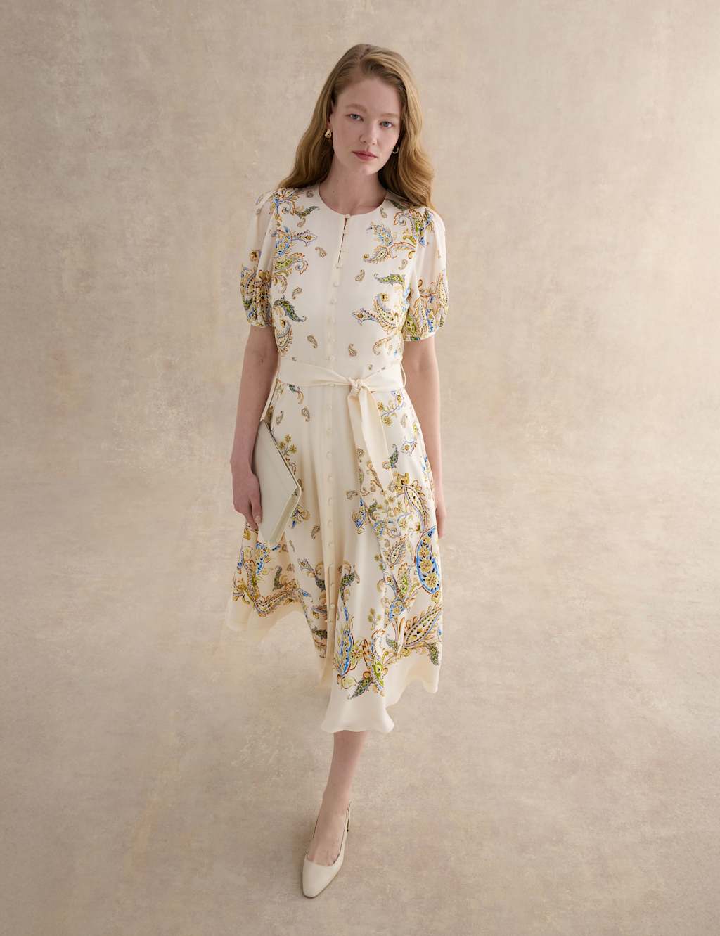 HOBBS Pure Silk Paisley Belted Midi Skater Dress Cream