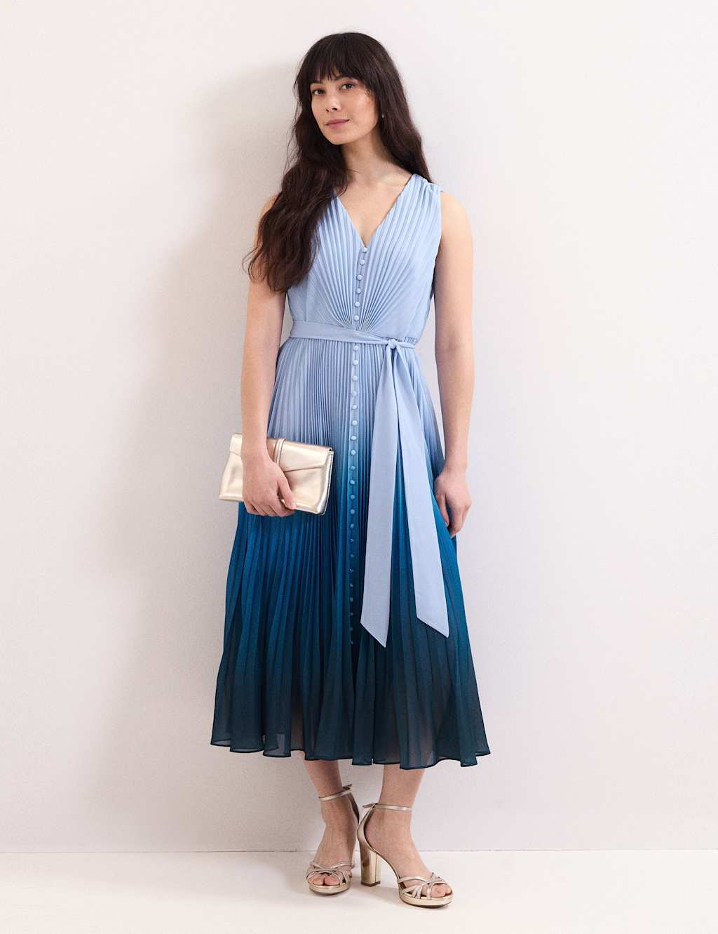 Phase Eight Ombre V-Neck Pleated Midi Skater Dress Blue Mix