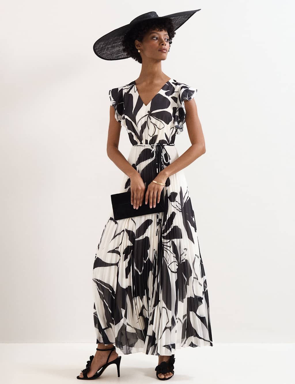 Phase Eight Floral V-Neck Pleated Maxi Skater Dress Black Mix