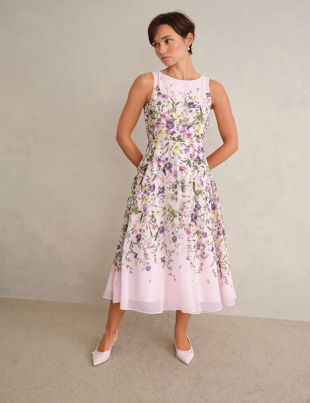 HOBBS Floral Round Neck Knee Length Skater Dress Pink Mix