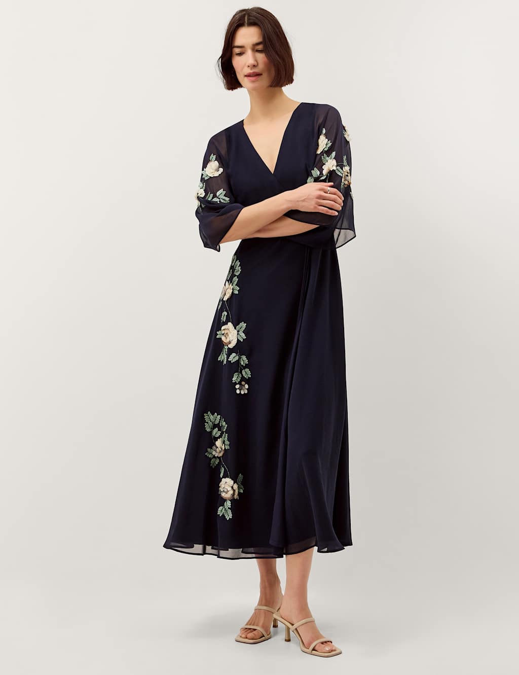 Monsoon Embellished V-Neck Midaxi Wrap Dress Navy Mix