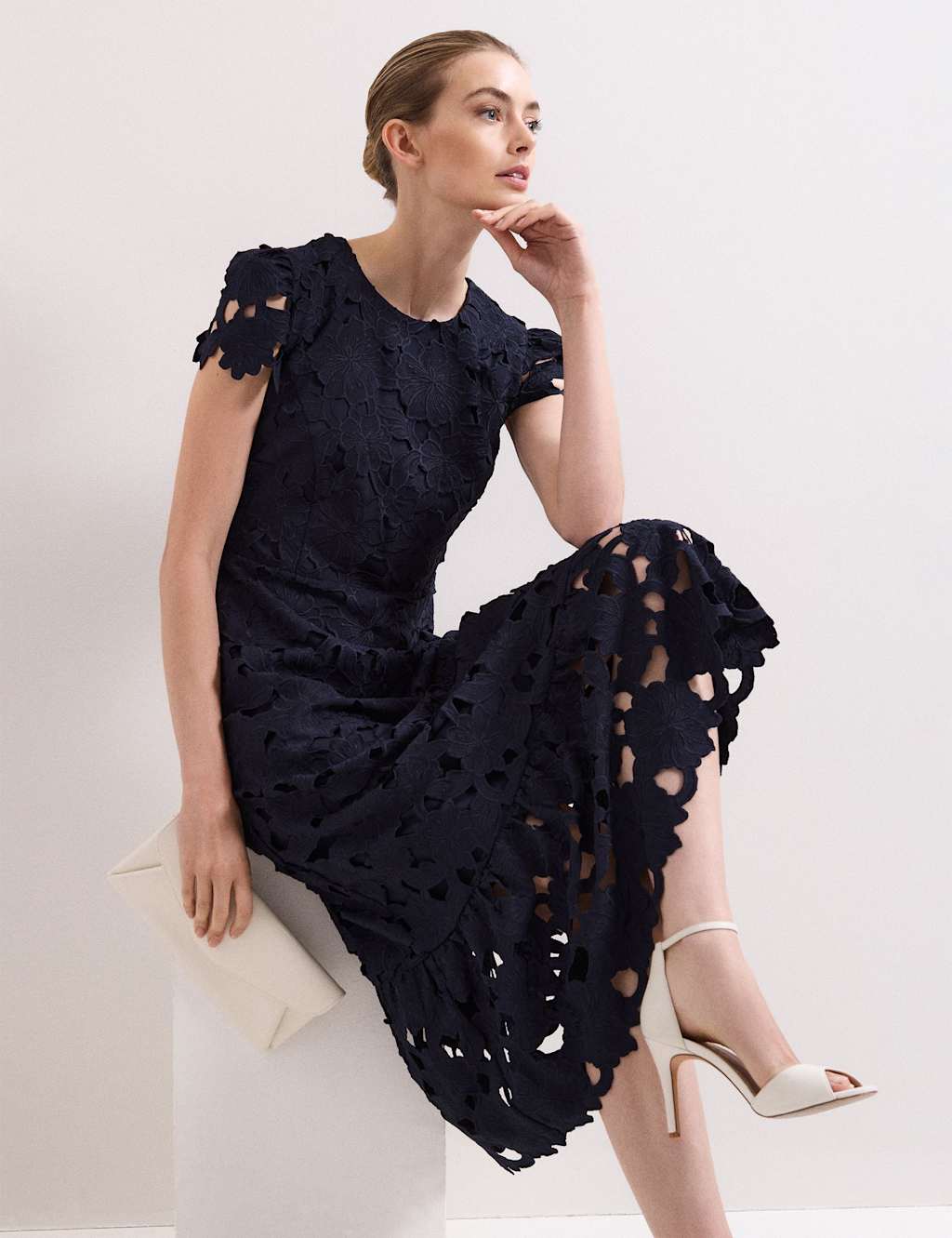 Phase Eight Lace Cutwork Detail Midi Skater Dress Navy